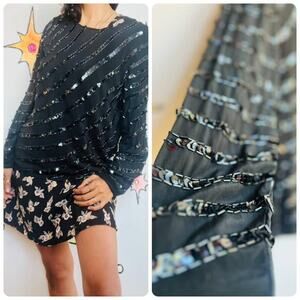 Vintage 80s 90s Black Whimsy Goth Glam Party Silk Sequin Blouse Fairy Grunge